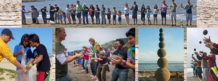 photo montage of people holding hands, beach cleanup, and sand globe making