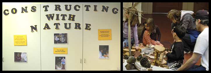 sign stating constructing with nature, and photo of people making art in the studio with naure 