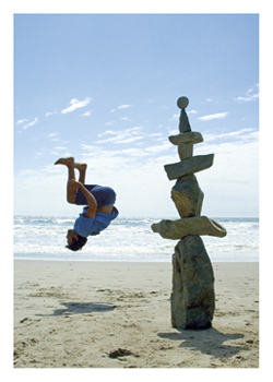 Afternoon, Stinson Beach, California. Rock tower by Zach Pine and Sam Bower, backflip by Merrick Ales. Earth Day celebration. 4/23/05.